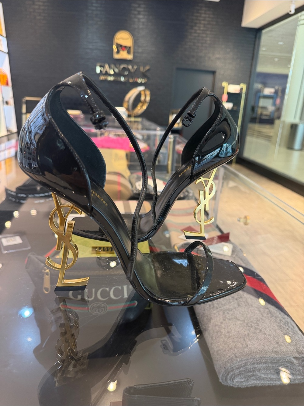 Yves Saint Laurent Black Patent Leather Heels with Gold YSL Logo Heels